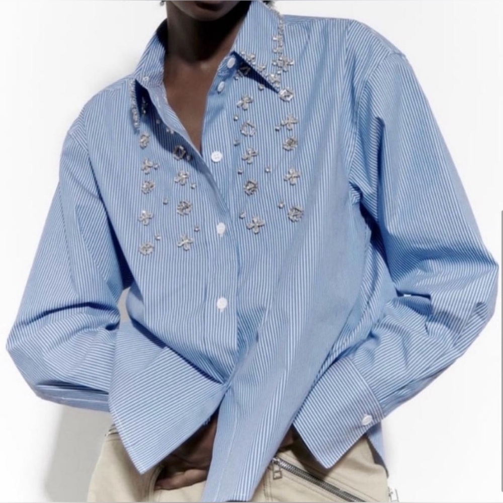 Zara Blue Stripe Button-Up Blouse | Pointed Collar Rhinestones & Beads | New | S